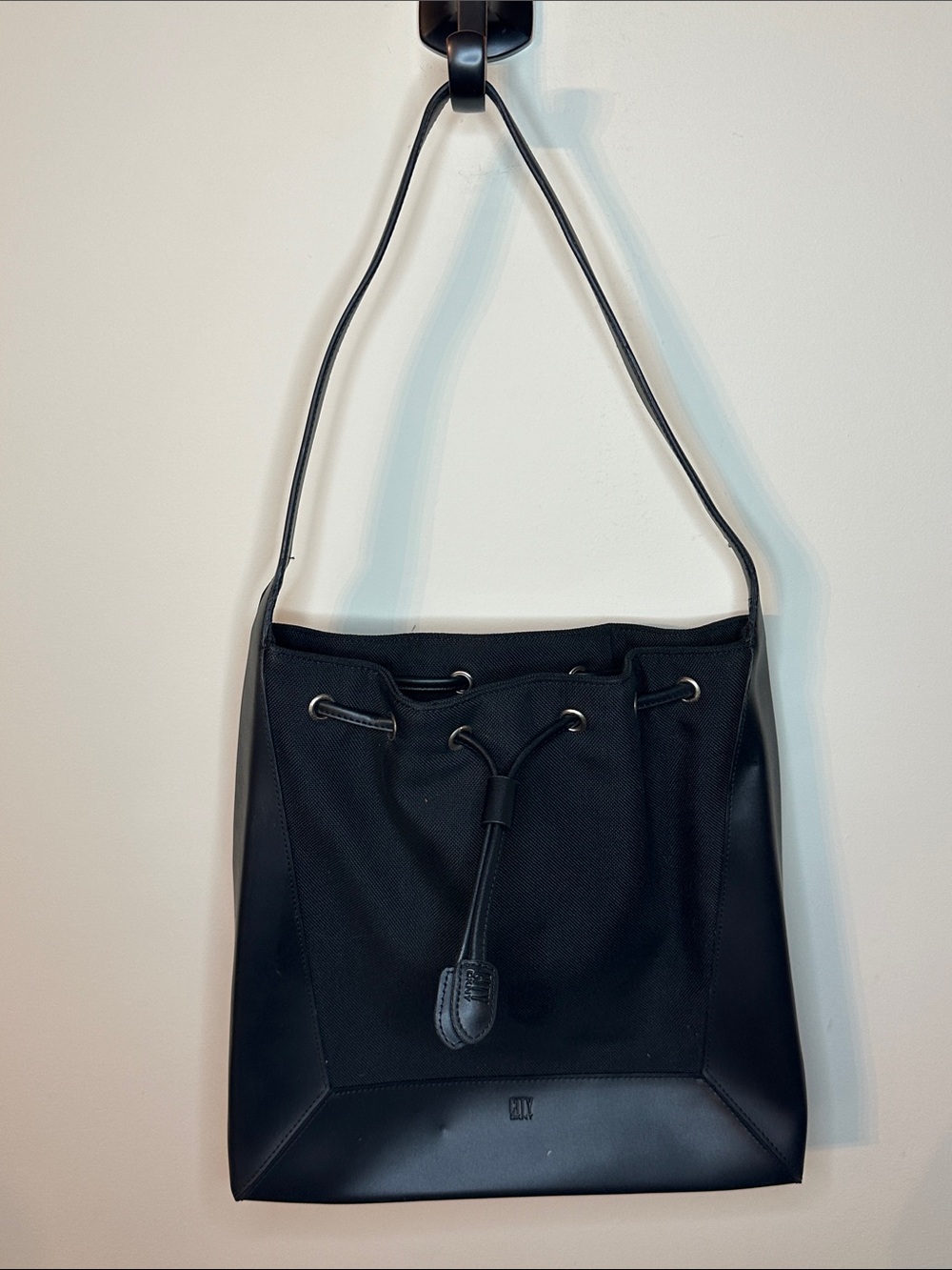 Black Drawstring Bucket Shoulder Bag by city DKNY